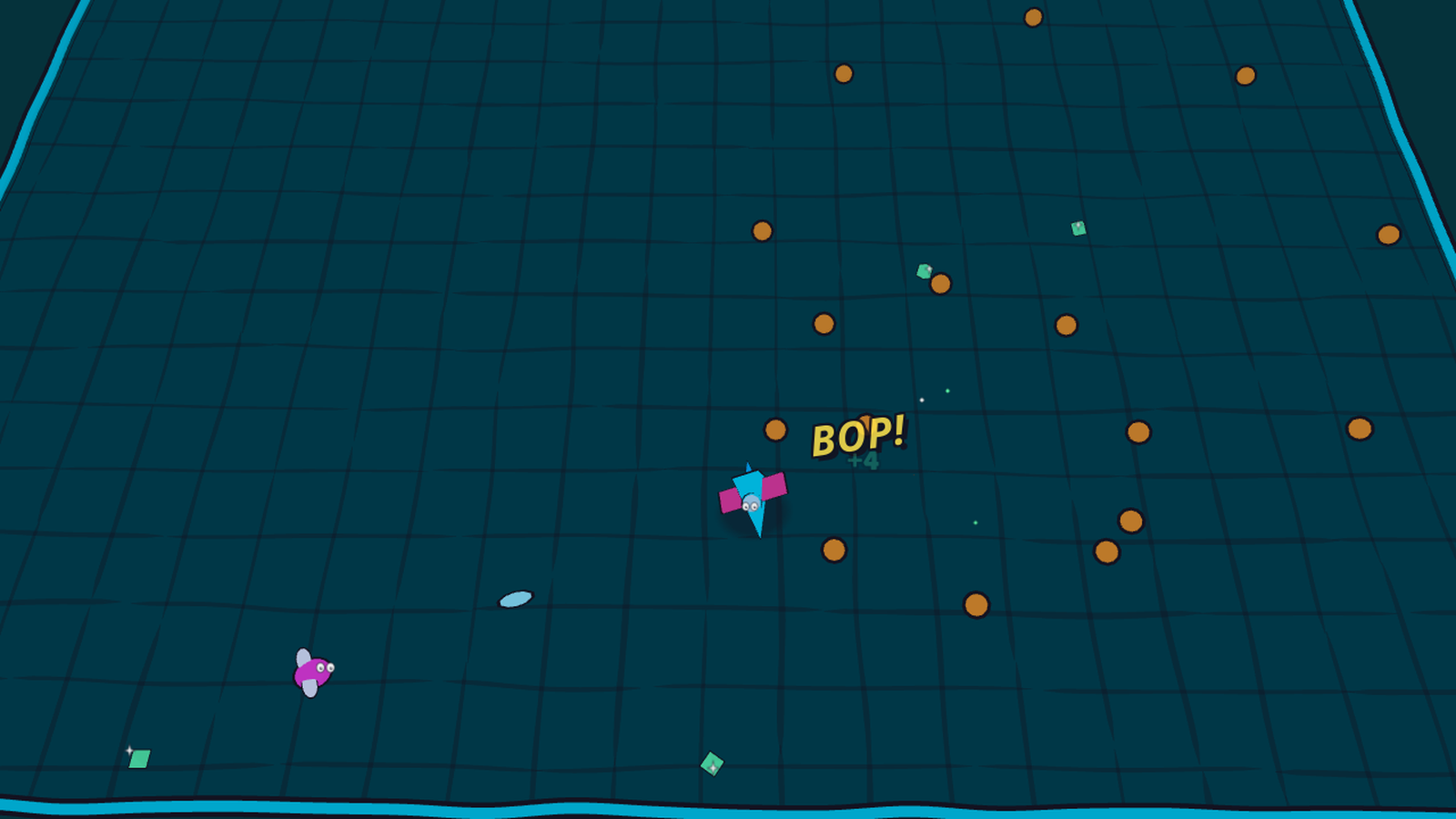 The cartoon ship crossing the hand-drawn arena on wave 7, with a BOP! as an enemy pops and shooters' orange shots all around