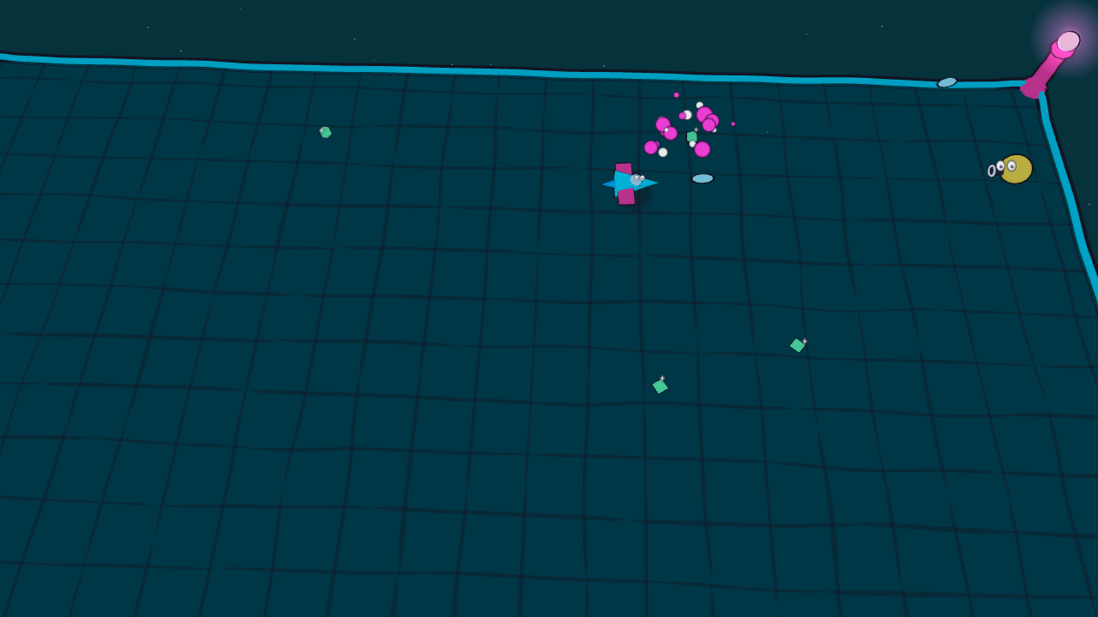 A swarmer bursting into pink cartoon puffs right beside the ship, near the edge of the arena on wave 7