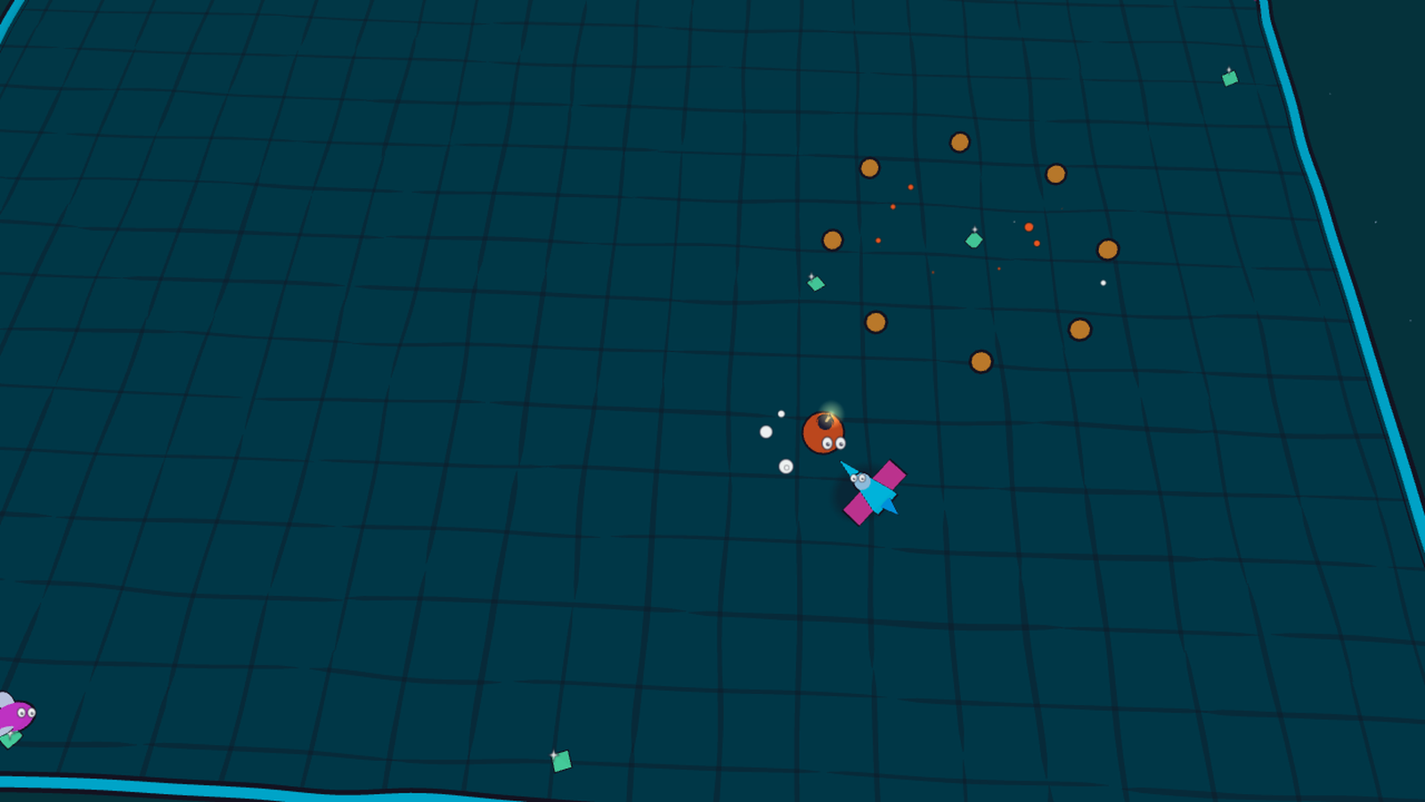 The ship with a lit-fuse bomber right beside it and a ring of shooters' orange shots on wave 7